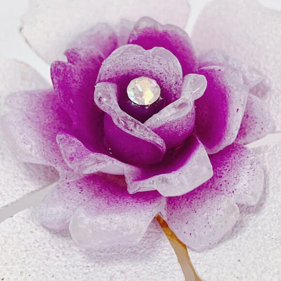 Vintage Mid Century Purple Lucite Enamel Orchid Flower Brooch AB Rhinestones - Picture 5 of 11